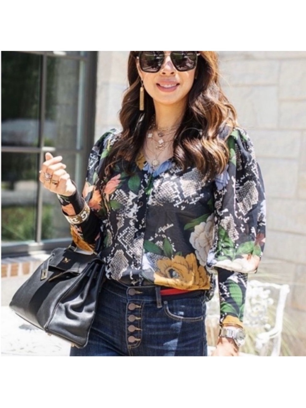 CAbi Snake Charmer V-Neck Long Sleeve Blouse - Black Multi